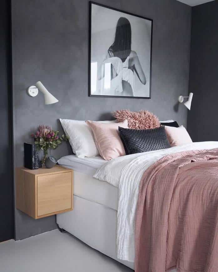 decoração para quarto feminino jovem moderno com parede de cimento queimado e criado mudo de madeira Foto Zozu 1 1 e1586463814559