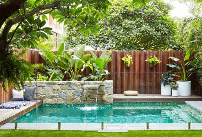 Área de lazer bem definida com uma decoração bem verde em volta da piscina 