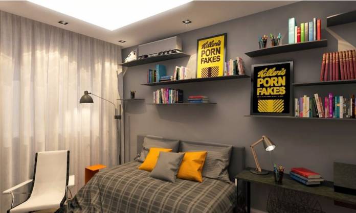 decoração mais séria com uso de um cinza o divertido do quarto fica no detalhe das placas e livros um quarto mais adulto, podendo ser usado por adolescentes.