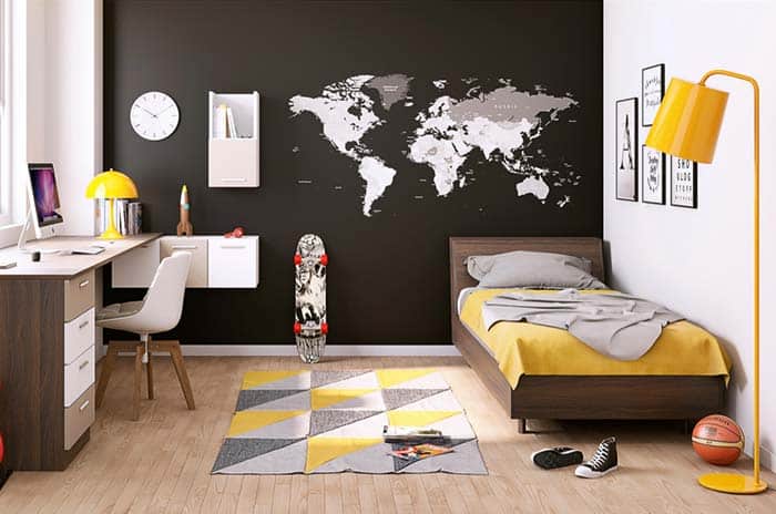 Um quarto que usou preto amarelo e branco trazendo muito charme e beleza, sem carregar o ambiente, exemplo que quando se sabe harmonizar enfeites e cores se tem um quarto incrível mesmo com cores inusitadas.