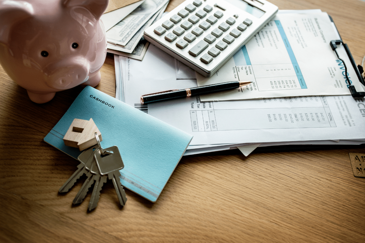 Mesa com itens reunidos para um financiamento Minha Casa Minha Vida, com dinheiro, documentos e chave de imóvel.