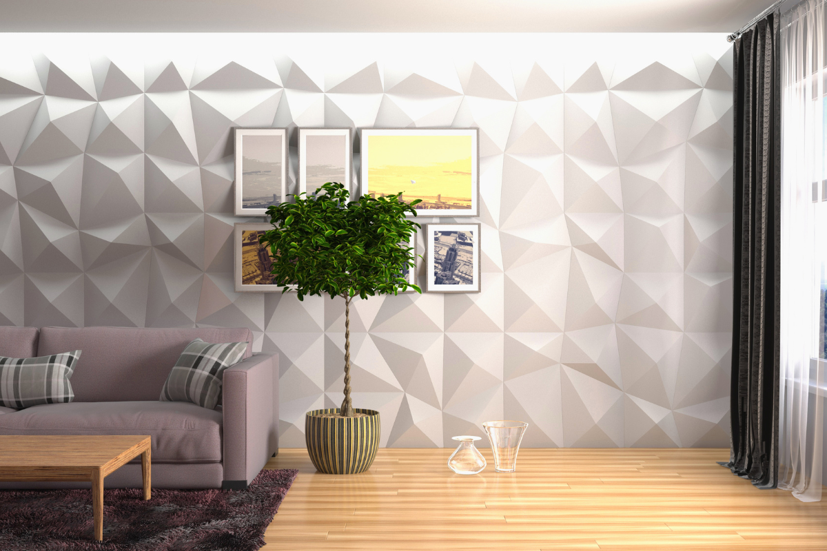 sala de estar com decoração de revestimento 3D na parede.