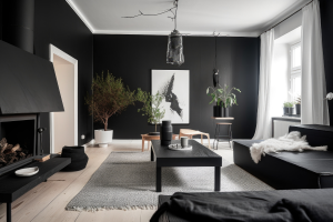 Sala de estar com a cor preta na decoração.