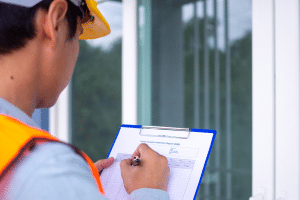 Homem conferindo documento para regularizar obra. 