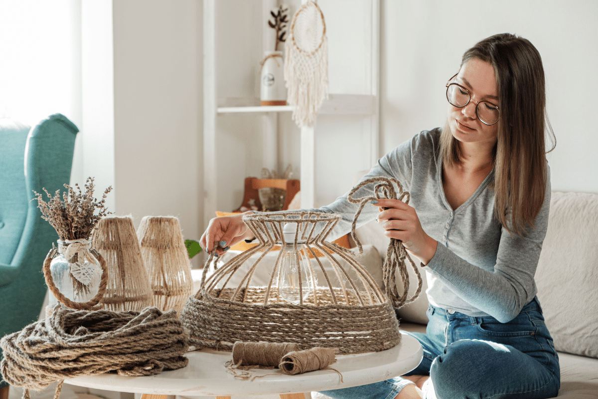 Mulher conferindo acessórios para o estilo decorativo em casa.