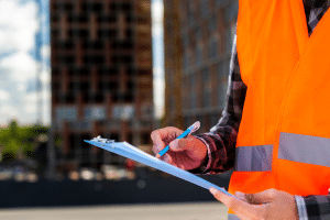 Profissional segurando tabela em fiscalização de obras.