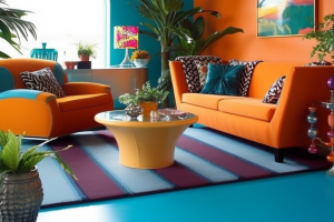 sala de estar com piso de cimento queimado colorido e móveis laranjas.