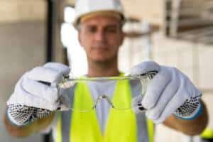 Homem com equipamentos de segurança na construção civil.