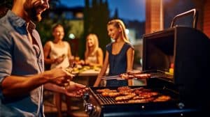 pessoa cozinhando com amigos em área de churrasco no terraço.