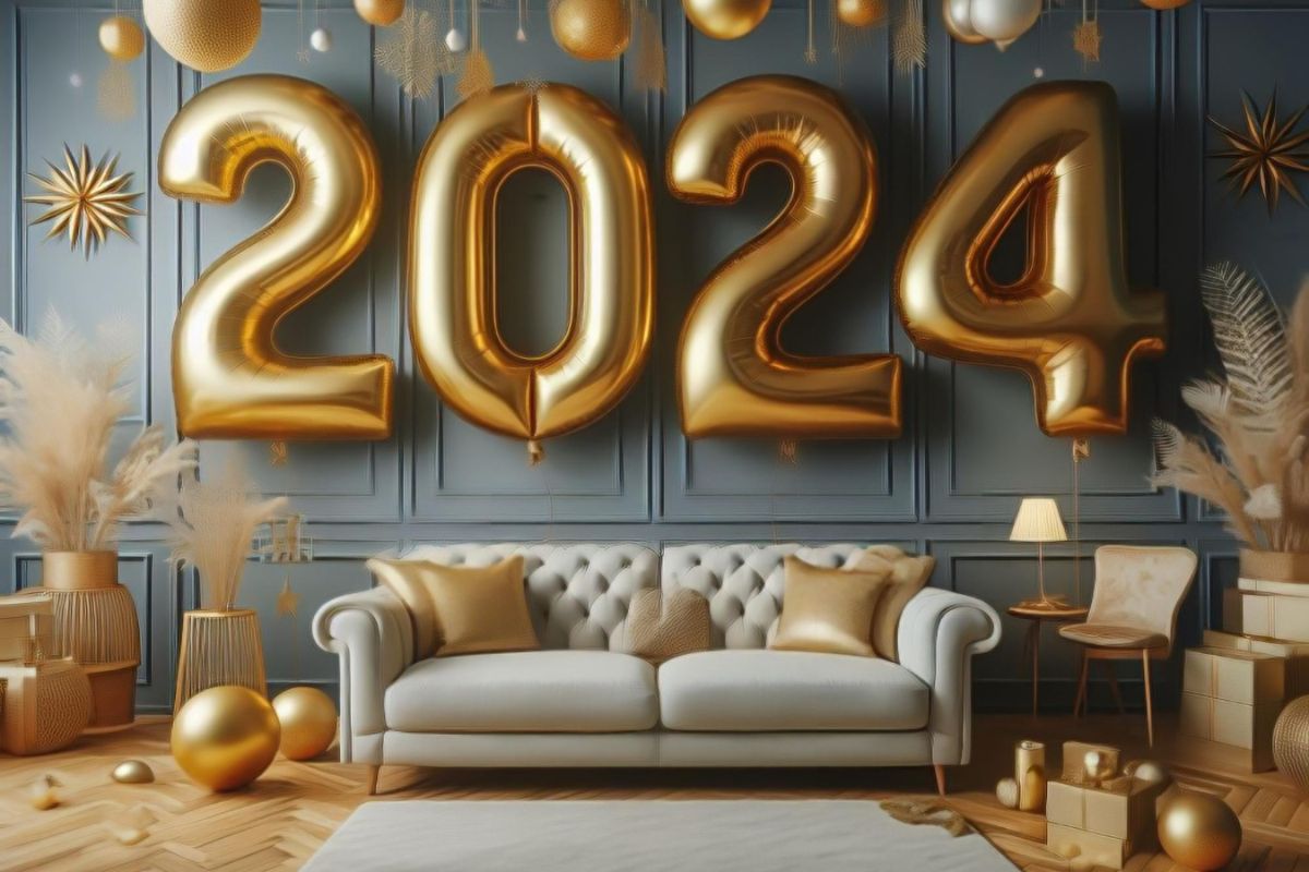 Decoração com comemoração de novo ano, seguindo as tendências de decoração para 2024.