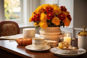 Mesa de jantar com decoração de outono, com flores e velas. 