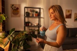 Mulher aprendendo como umidificar o ar em casa.