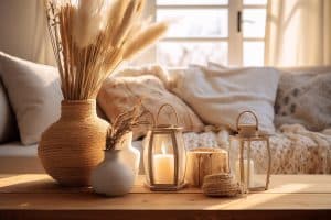 detalhes de decoração Hygge com velas e plantas. 