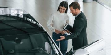 Mulher aproveitando um leilão de carros.