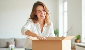 A beautiful housewife woman takes things out of an open cardboard box and smiles