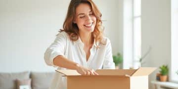 beautiful housewife woman takes things out open cardboard box smiles