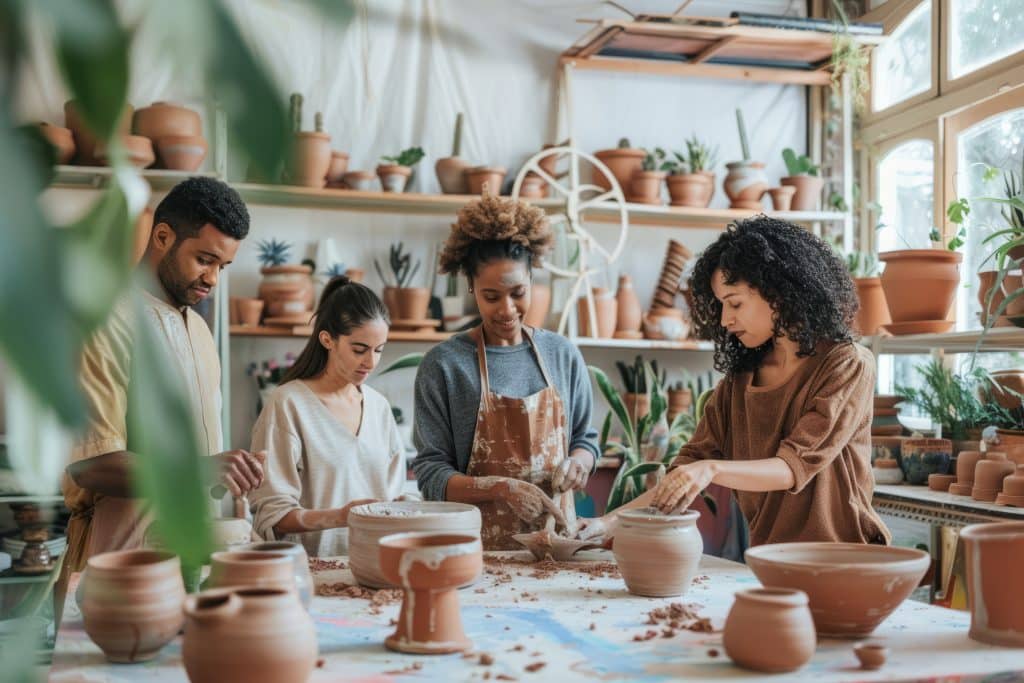 Pessoas aprendendo técnicas de cerâmica artesanal em um ateliê