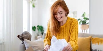 smiling woman sit couch home open post package shopping online buying goods internet happy young female customer unpack postal shipping parcel satisfied with order delivery